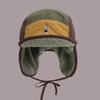 Men's Retro Fleece-Lined Flight Cap - Lightweight Winter Hat with Adjustable Drawstring, Olive Green & Brown Colorblock,Plush Fleece Lining for Skiing