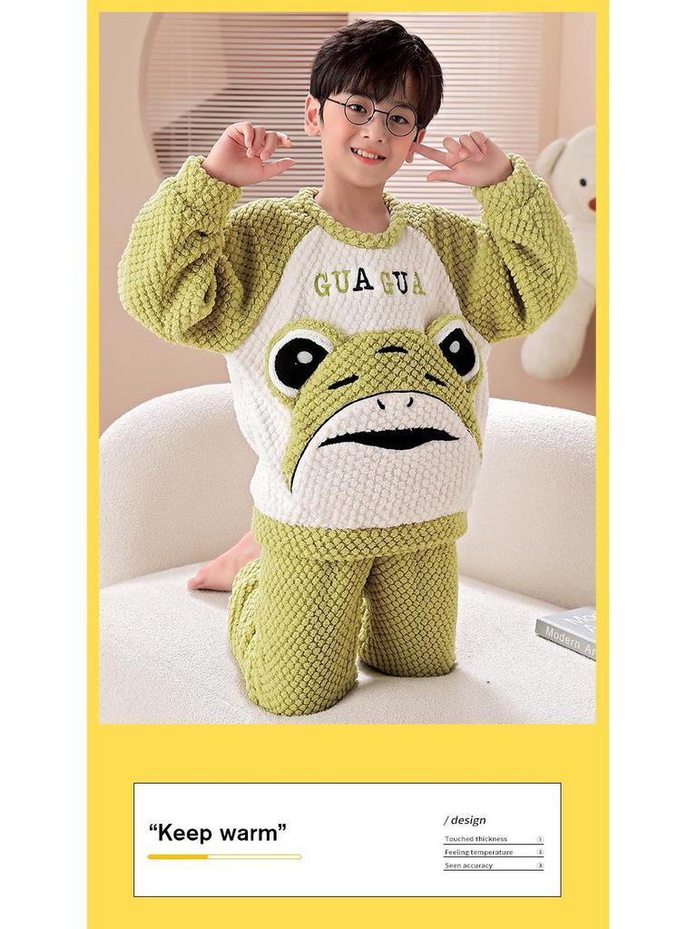 Flanell-Cartoon-Pyjama für Jungen - Langärmlig, Rundhalsausschnitt, Korallenfleece, Herbst/Winter