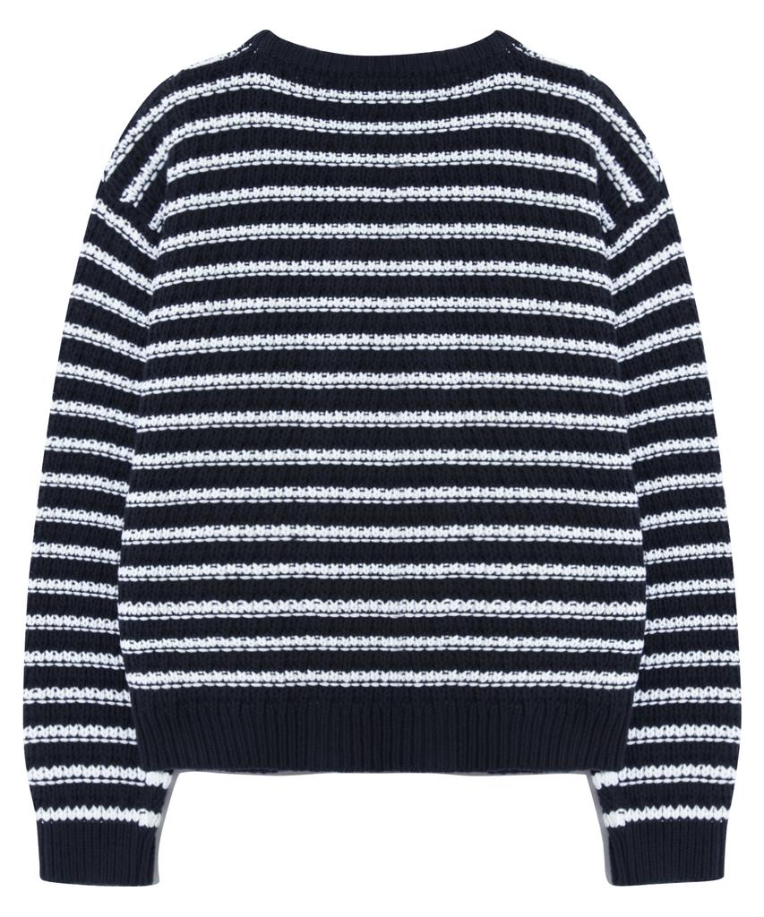 Basemoment Striped Round Neck Cardigan Dark Navy