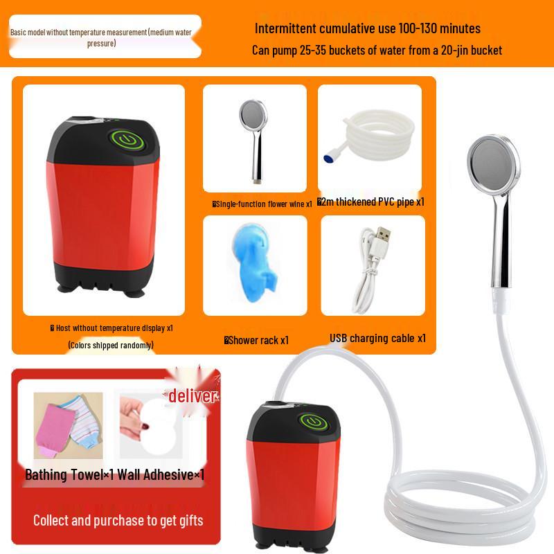 Electric Camping Shower Set with Rechargeable Pump and Water Bag.