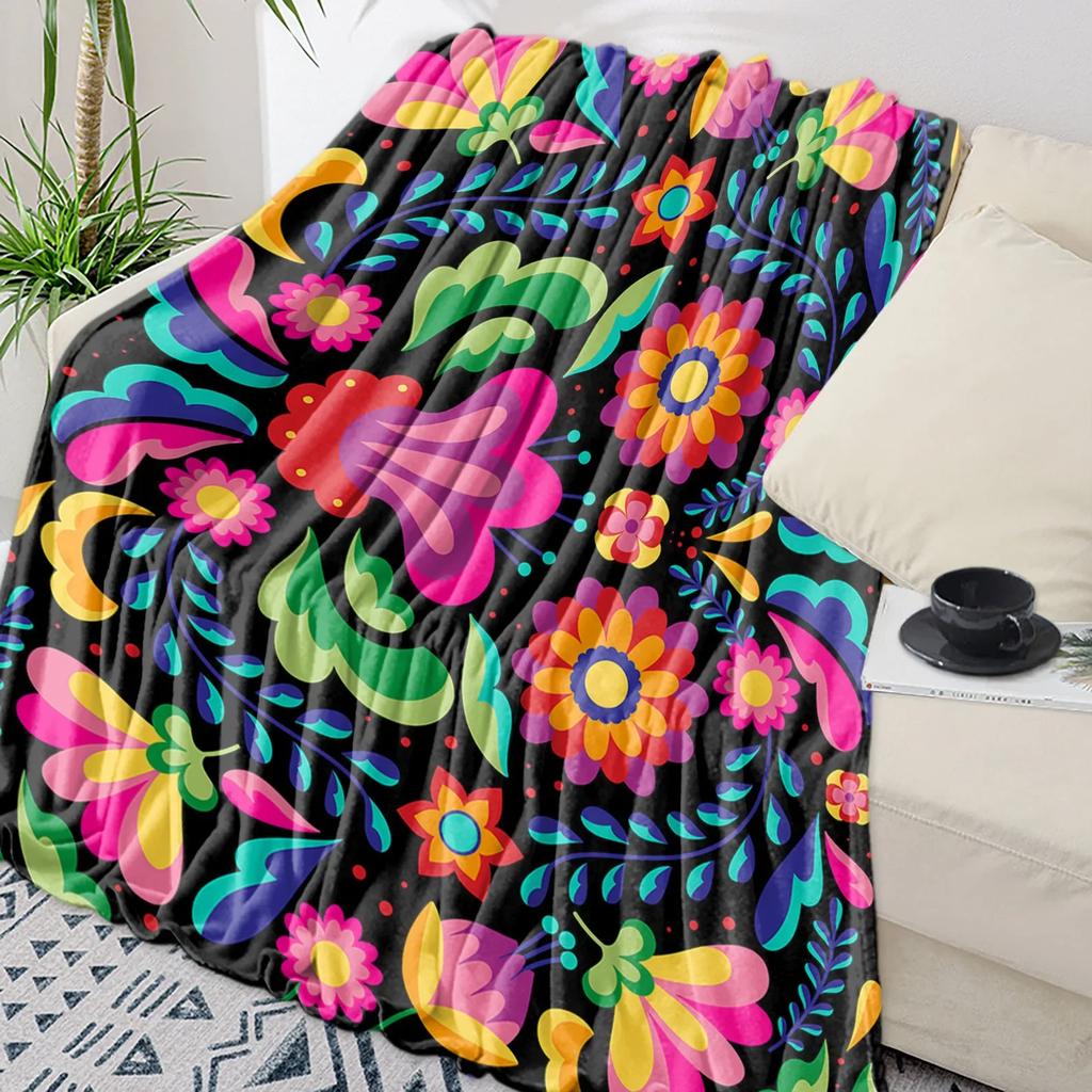 Colorful Mexican Abstract Flower Throw Blanket Warm Flannel for Kids Portable Soft Sofa Bedspread