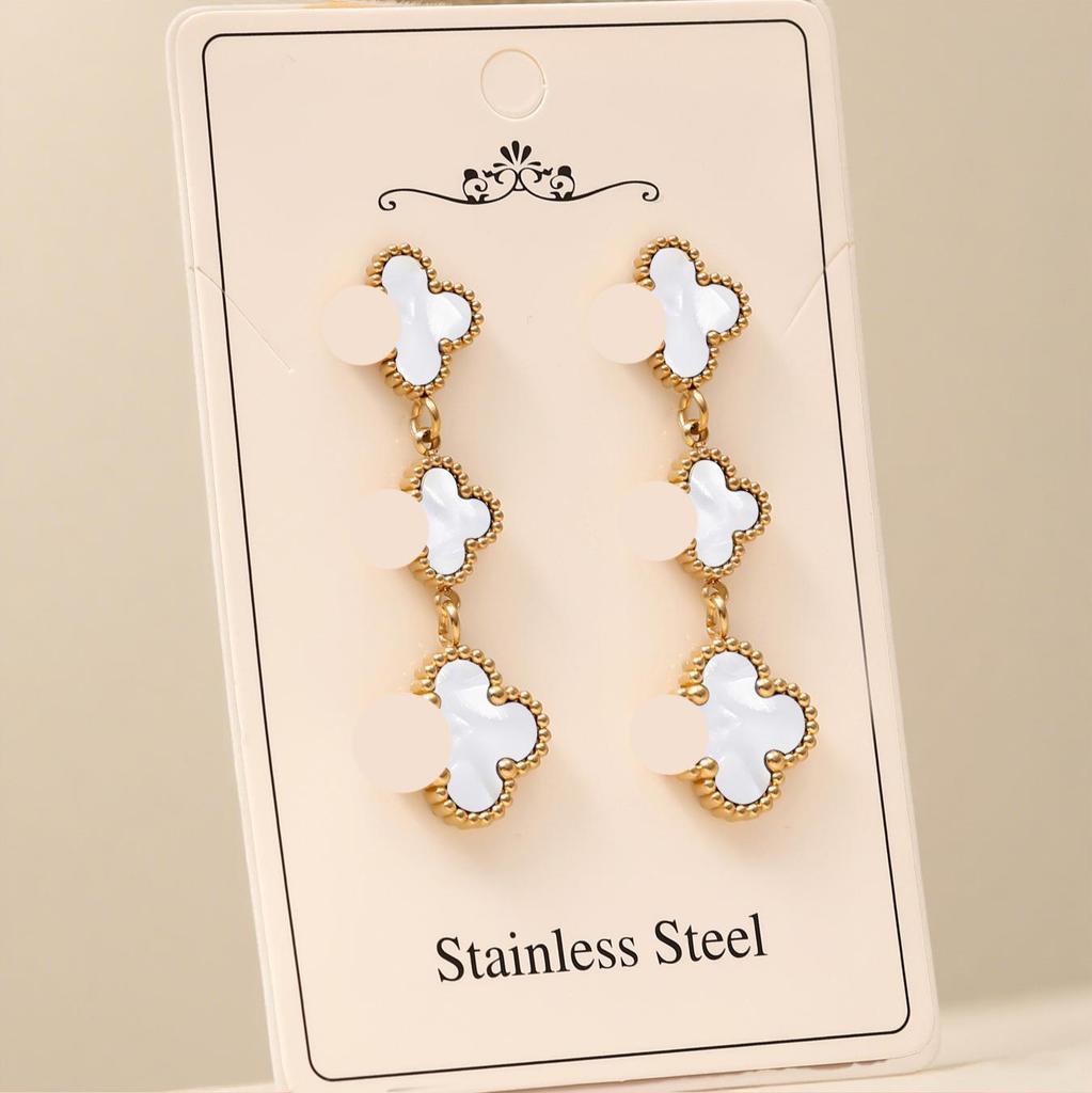 High-End Four-Leaf Clover Tassel Stud Earrings - Stainless Steel, Light Luxury Design