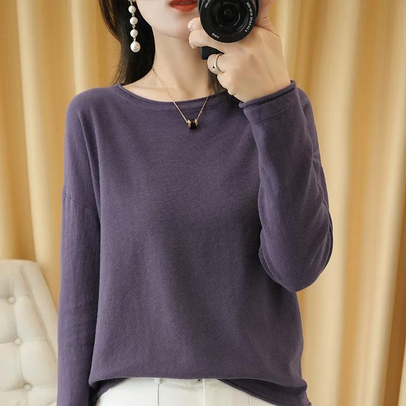 Women's Knit Base Layer Thin Long-Sleeve T-Shirt Loose-Fit Korean-Style Pullover Top