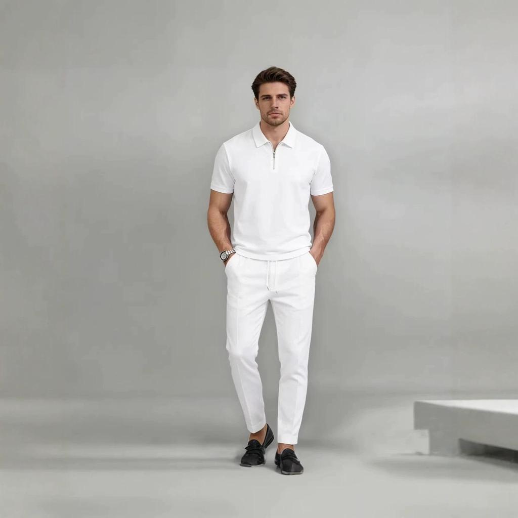 Men's Breathable Polo Sportswear Set - Short Sleeve & Long Pants for Daily Commute Casual Wear