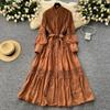 Harajuku Stand Collar Lantern Sleeve Lace Mujer Lace Up Mid-length French Style Dresses Patchwork Hollow Out Robe