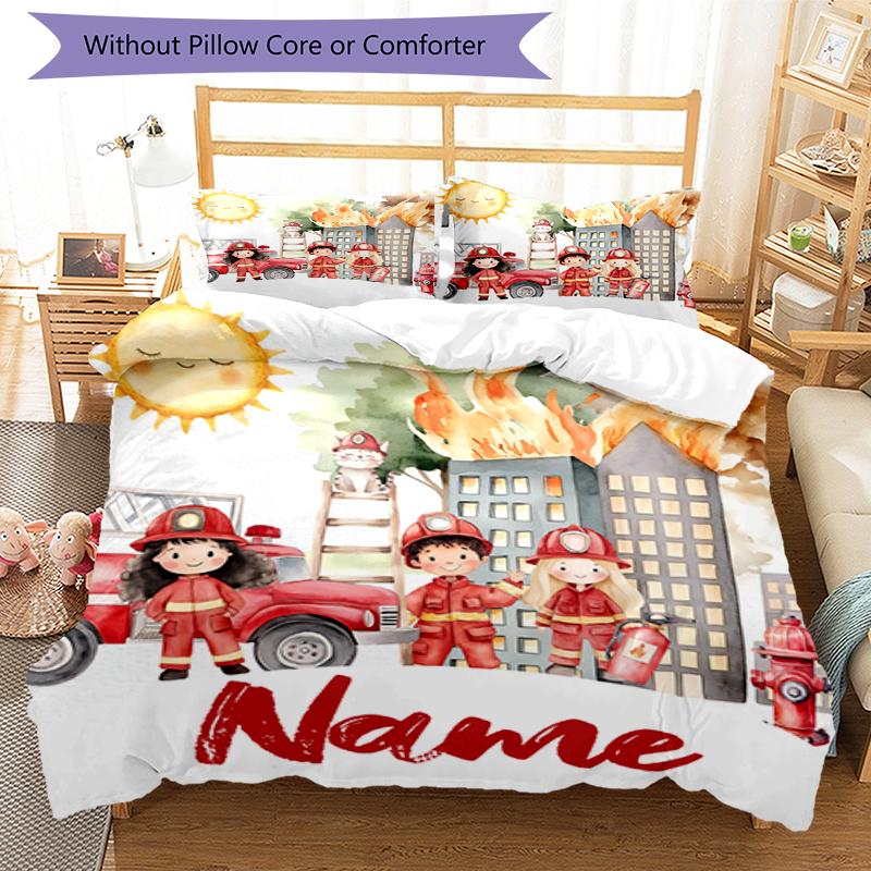 3pcs Custom Name fire truck Bedding Set Duvet Cover Closure Includes 1 Duvet Cover & 2 Pillowcases, Soft and Comfortable for All Seasons.