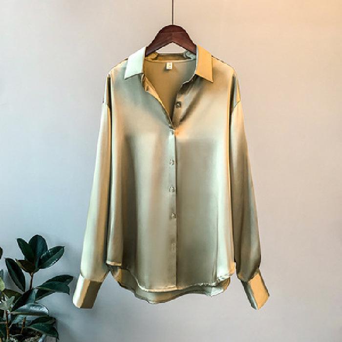 Women's Retro Hong Kong Style White Satin Drape Shirt - Loose Fit, Korean Professional Design