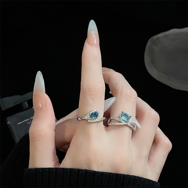 Aquamarine Drop-Shaped Open Ring, Super Flash Elegant And Exquisite Personalized Fashion Ring
