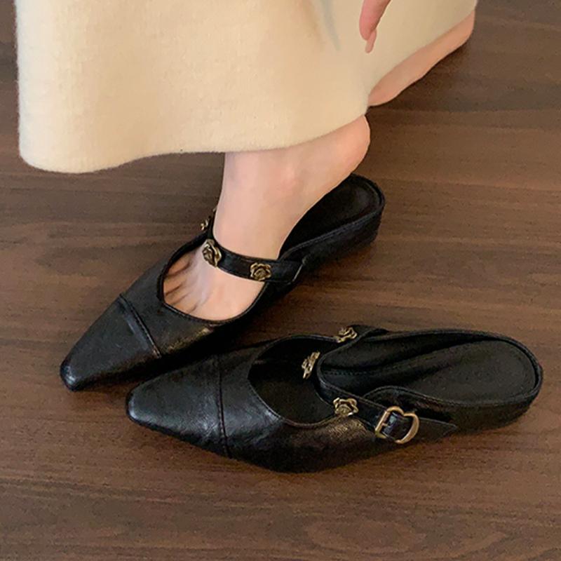 

Балетки с острым носком, женские тапочки, дизайнерские мюли, обувь с ремешком на пятке, летние женские сандалии 2025, уютные новые Zapatillas De Mujer 39 чёрный