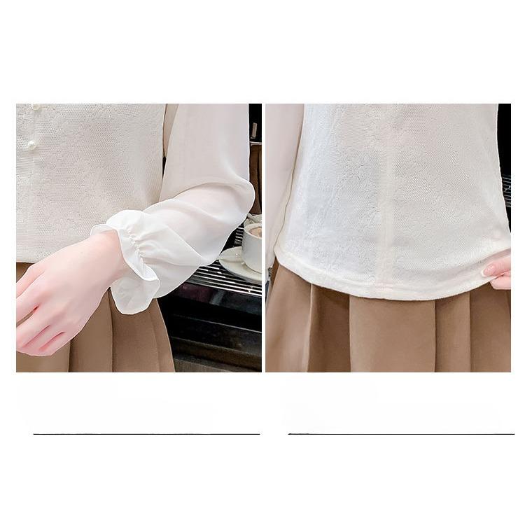 Chic Autumn Blouse Graceful Lace Chiffon Shirt, Stylish and Elegant Long Sleeve Top To Add French Style Charm