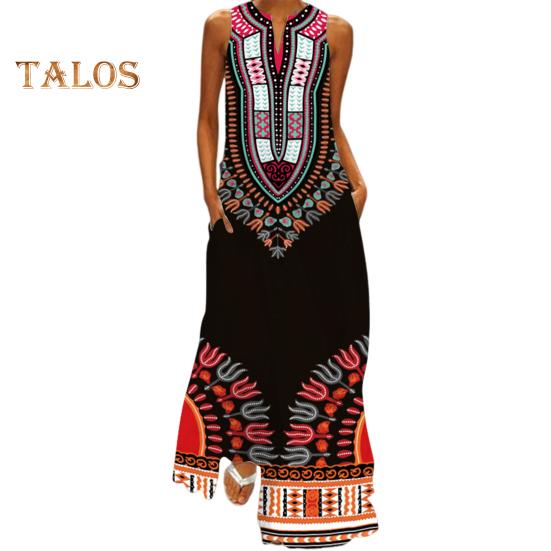 Vestido longo de verão com ombros de fora, sem mangas, linha A, retrô, colorido, estilo étnico, estampado, decote em V, bolsos laterais, comprimento total, vestido longo