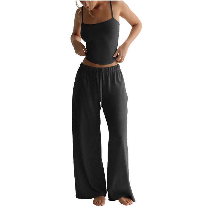 Summer Camisole Crop Top Long Pants Casual Wide Leg Pants Lazy Style Set For Women