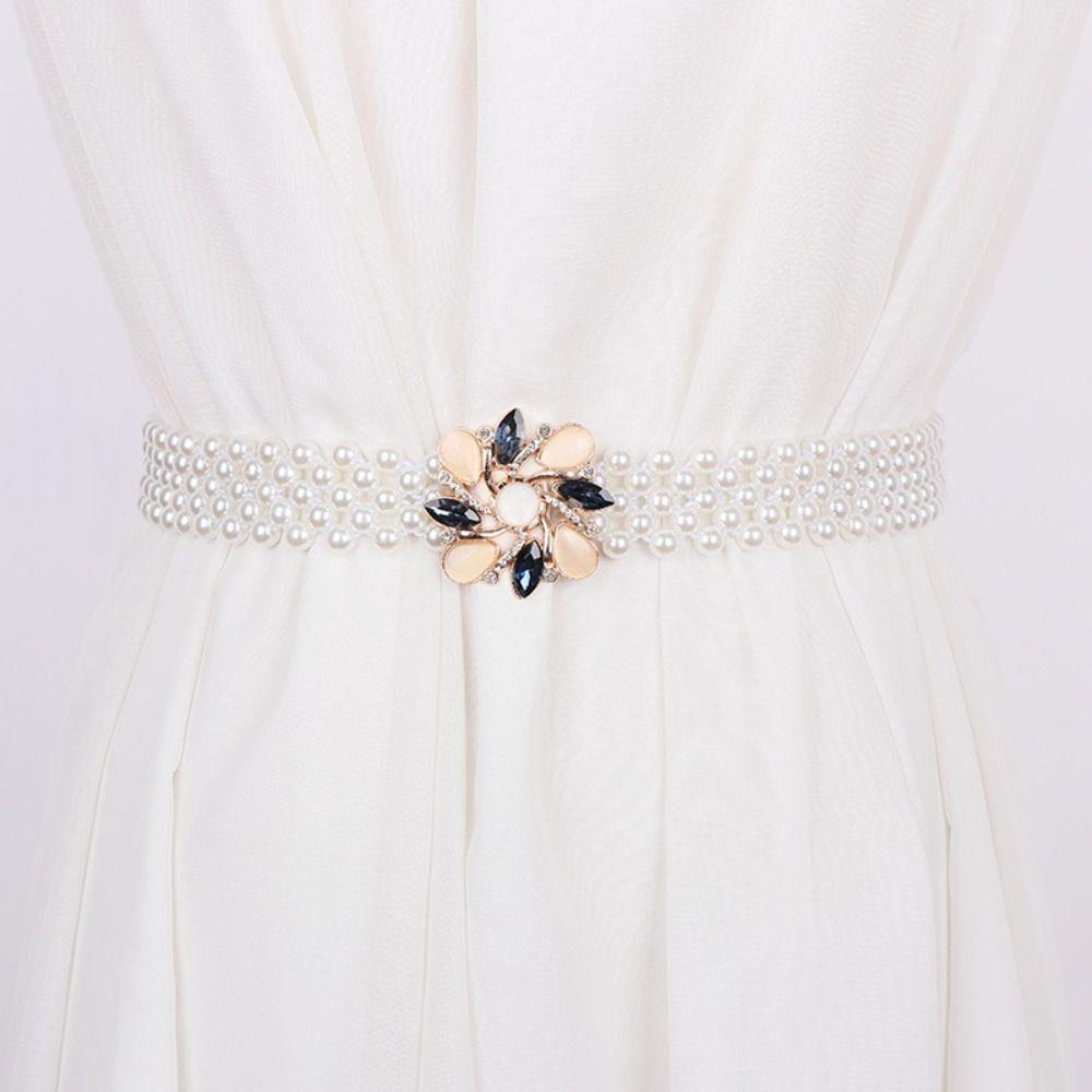 Bling Pearl Waist Belt Rhinestone Women Waist Belt Elegant Elastic Waistband  Dress