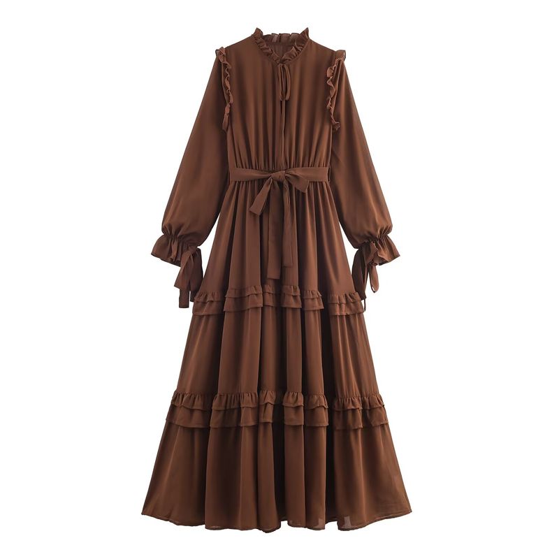 

Za New Fall Women s Clothing 2025 Fashion Wind Fashion Elegant Lotus Leaf Trim Ribbon Waist-Controlled Long Sleeves Dress Brown M
