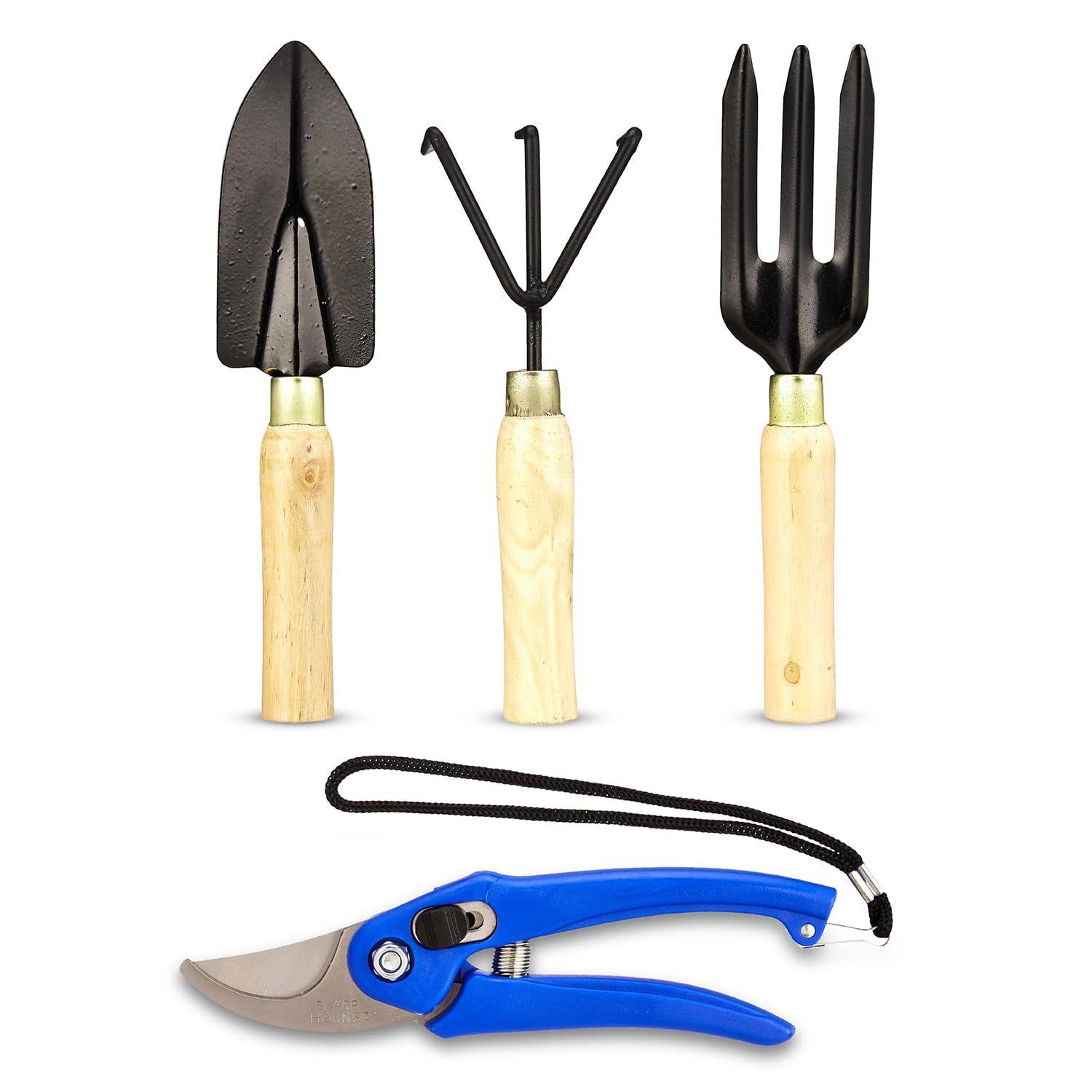 

Набор из 4 садовых инструментов | Ручной культиватор, Совок, Садовая вилка, Секатор | Деревянная ручка