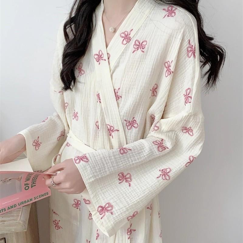 Women's Spring/Autumn Korean-Style Simple Comfortable Nightgown Pink Bow Casual Loose-Fit Loungewear Nightdress
