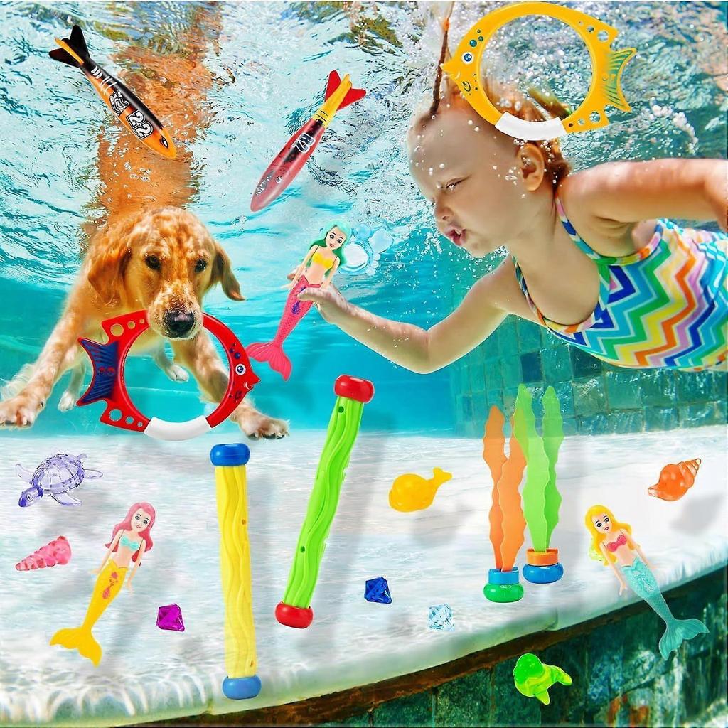 Diving Toys for Swimming Pool, 24 PCS Sinkers for Swimming Kids, Underwater Training Toys Diving Mermaids, Dive Sticks, Torpedo Bandits, Dive Seagrass