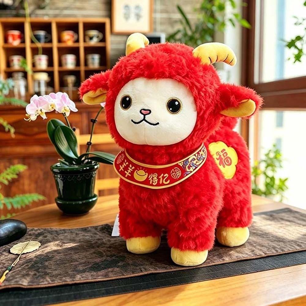 Red Zodiac Sheep Doll Cute New Year Gift Fortune Mascot Cushion Plush Lamb Toy Spring Festival