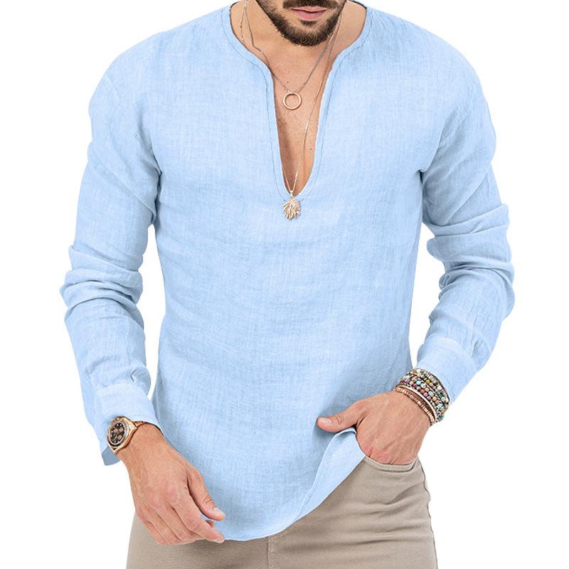 Men Linen Blend Deep V Neck Long Sleeve Casual Loose Fit Solid Color Henley Shirt