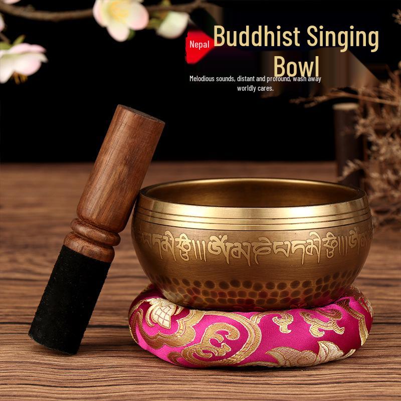 Handmade Nepal Singing Bowl with Six-Syllable Mantra for Yoga, Meditation, and Sound Healing - Calming Bronze Buddhist Bowl for Ear Cleansing.