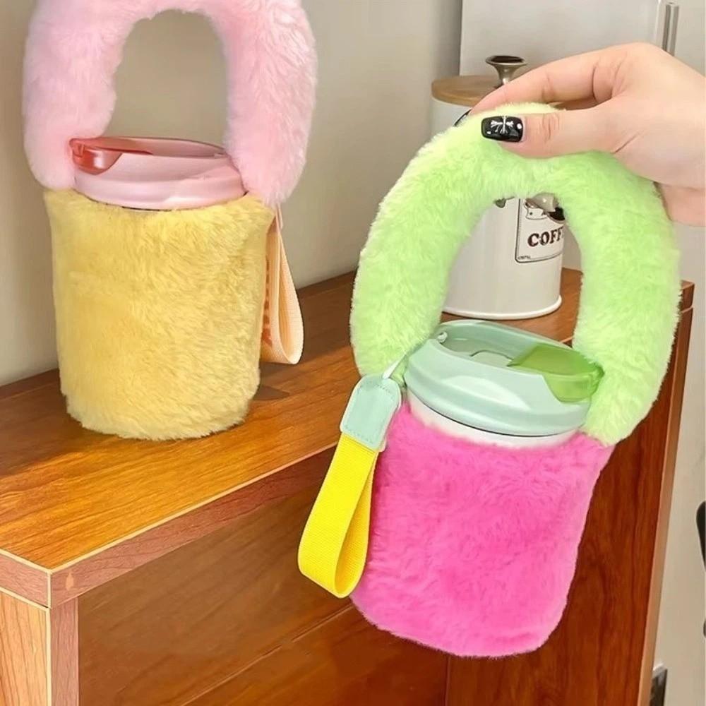 Spliced Color Thermos Cup Sleeve Heat-proof Plush Cup Cover Sweet Bottles Cup Pouch  Bottles Cup