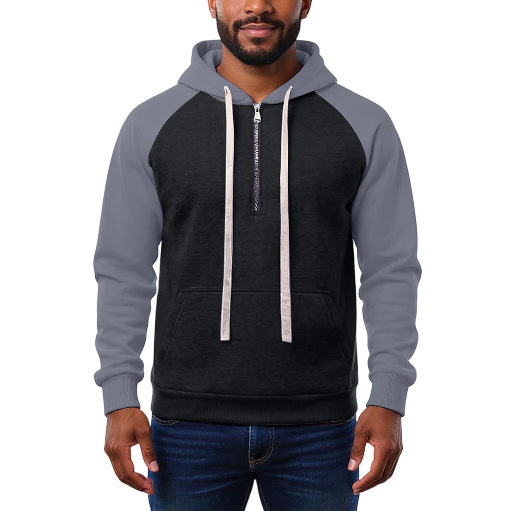 Herren Kapuzenpullover, Kontrastfarbiger Sweatshirt, Sportlicher Halb-Reißverschluss Freizeitjacke