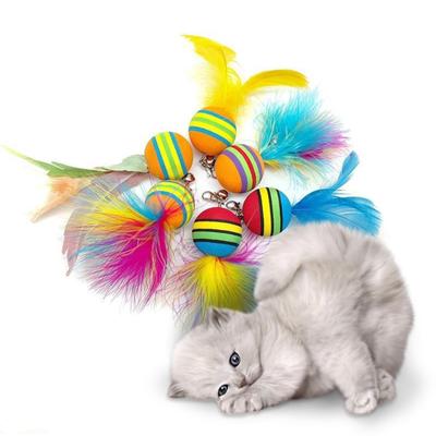Funny Pet Cat Teaser Stick Colorful Stripes Feathers Ball Replacement Head Accessories With Bell