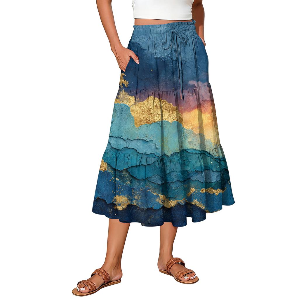 Womens Maxi Skirt Drawstring High Waisted Summer Long Skirts Lightweight Tiered Flowy Floral Pleated Skirts
