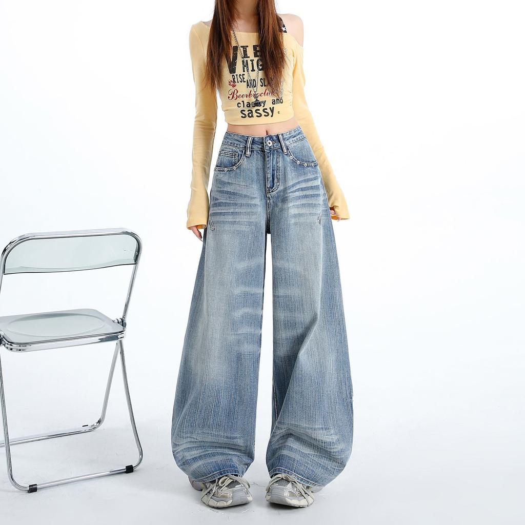 Spring Summer Bamboo Texture Embroidery High Waist Relaxed Wide Leg All Match Denim Pants Ladies Casual Pants Oversize Denim Trousers