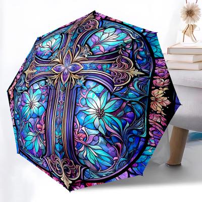 1pc Stained Glass Cross Automatic Open/close Umbrella, 8-Rib Sturdy Structure, Auto Folding/Opening, Portable Travel Umbrella for Women,026