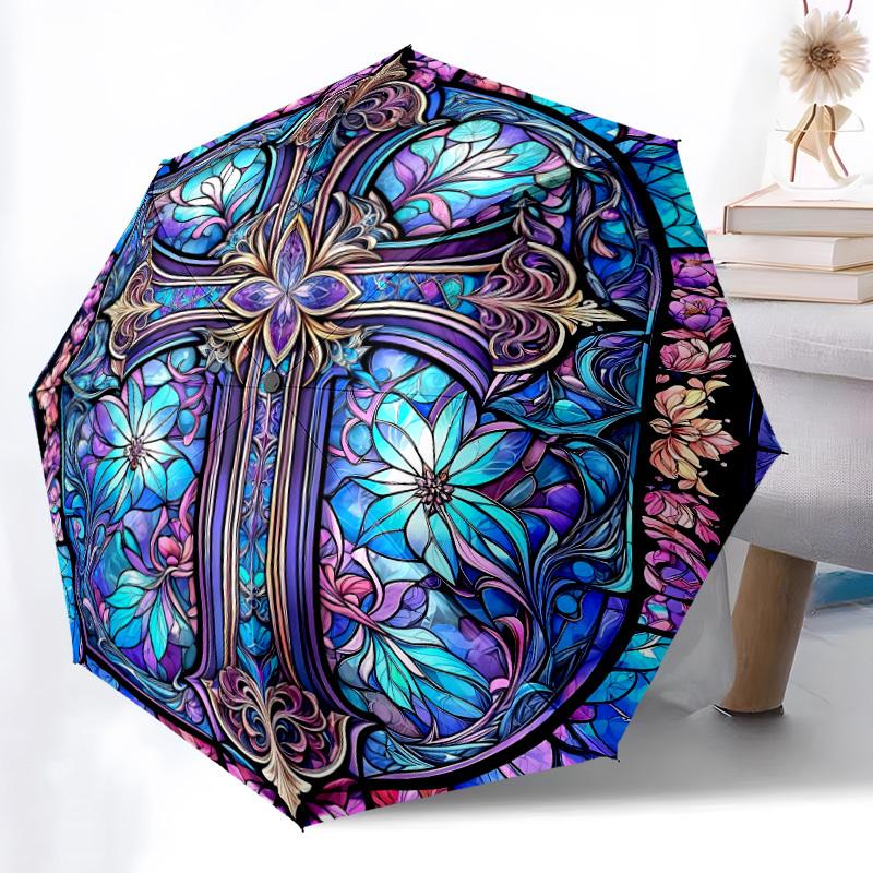 1pc Stained Glass Cross Automatic Open/close Umbrella, 8-Rib Sturdy Structure, Auto Folding/Opening, Portable Travel Umbrella for Women,026
