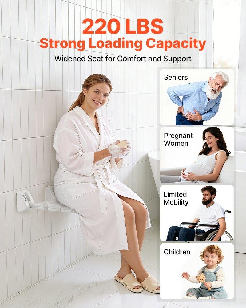 Foldable Shower Seat Wall Mounted, 317mm Folding Shower Bench, PP Fold-Down Bathroom Corridor Seat with Aluminum Alloy Frame for Adults Seniors, 100kg