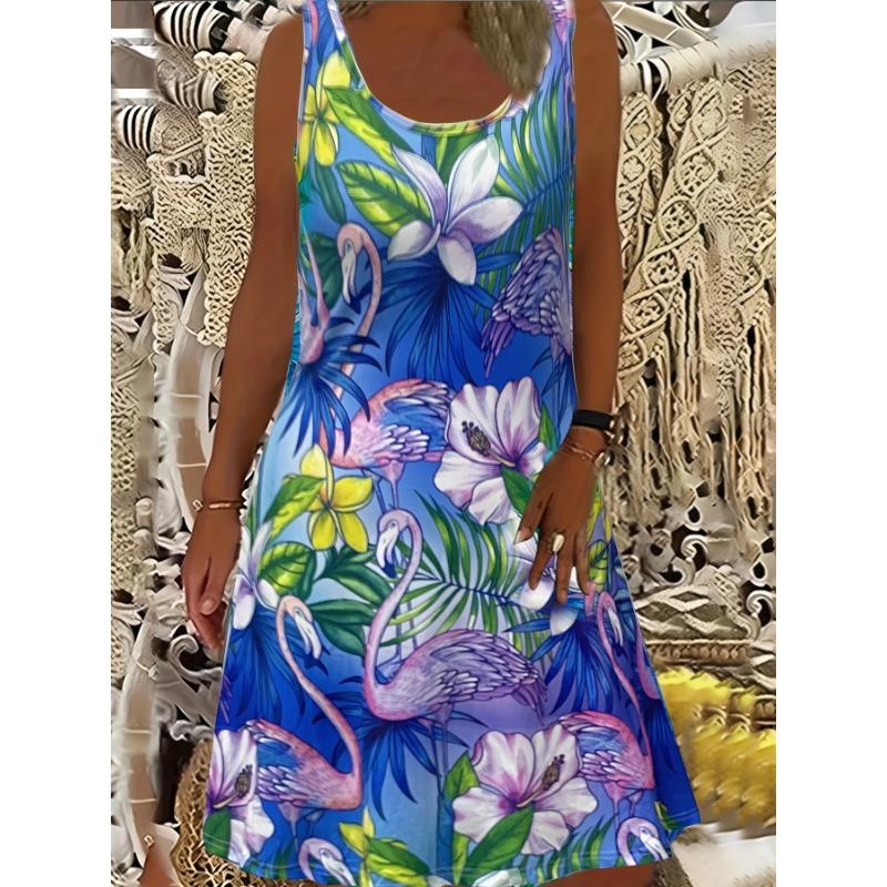 Large Women's Tropical Floral Flamingo Print Sleeveless Dress Suitable for All Seasons