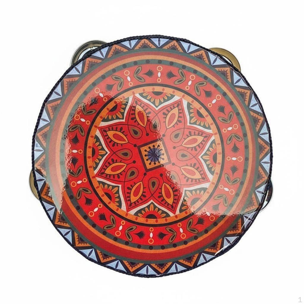 Jingling Tambourine Traditional Artistic Print Headed Educational Toy Dance Accessory for