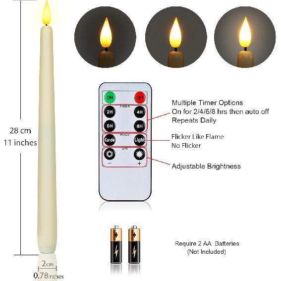 Homemory 12 Pcs Flameless Taper Candles with Remote Timer Dimmer, 11 inches Ivory Taper Candles Battery Operated, Plastic LED Candlesticks with