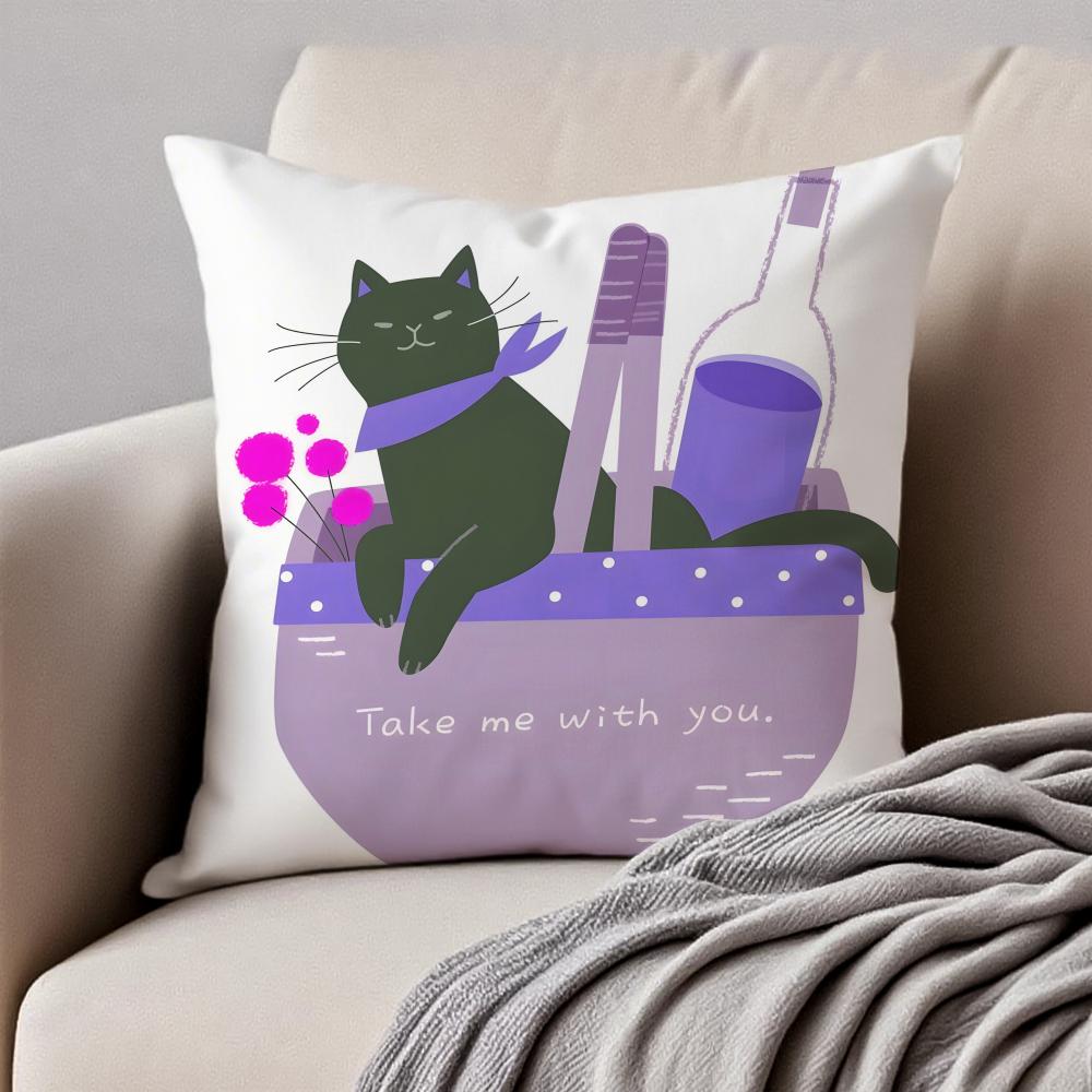 Minimalist Flat Style Illustration Cat Art Cushion Cover Pillowcase Antidustmite Invisible Zipper Short Plush Sofa Cushion