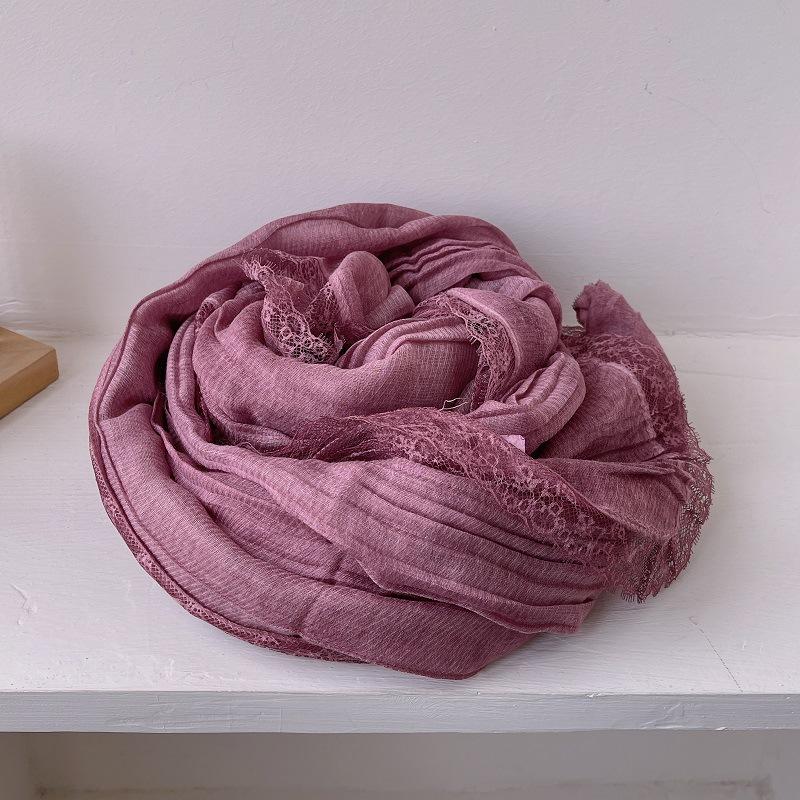 Sanftes Temperament Spitze Plissee Langer Baumwollleinen Schal für Damen Frühling und Herbst Reine Baumwollgaze Schal Sonnenschutz