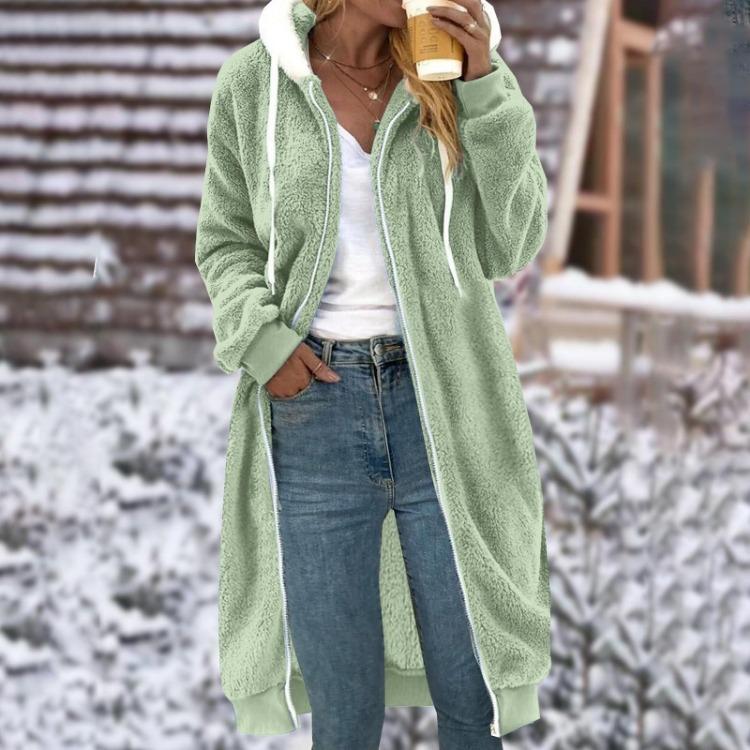 Cappotto da Donna Lunghezza Media in Peluche Double Face con Cappuccio Colore Solido con Tasche
