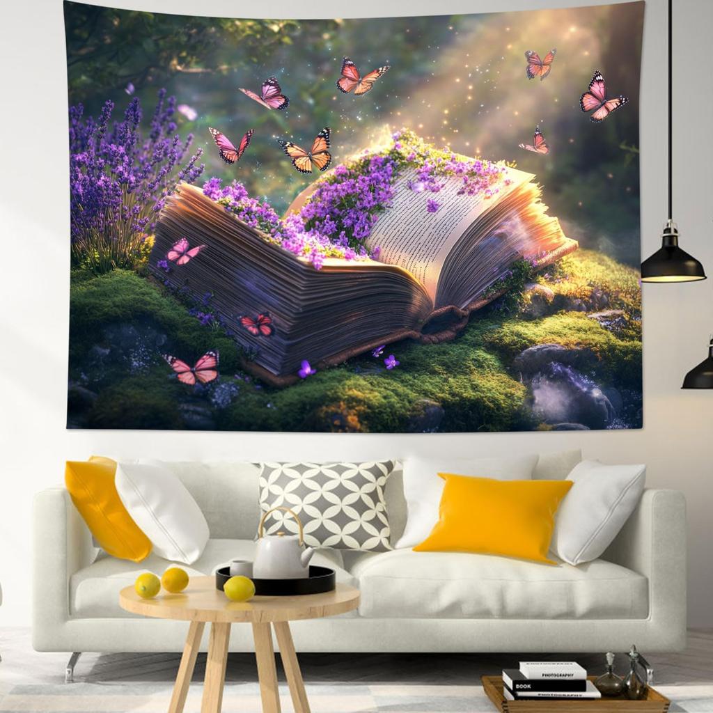 Floral Butterfly Tapestry Wall Hanging, Sage Green Leaves and Wildflower Butterfly Wall Decor Spring Plant Tapestry for Bedroom