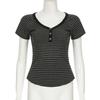 VAYLA Korean Fashion Striped V-Neck With Buttons Slimming T-shirts Women's Summer Short Sleeve Top Tees Y2K Aesthetics New