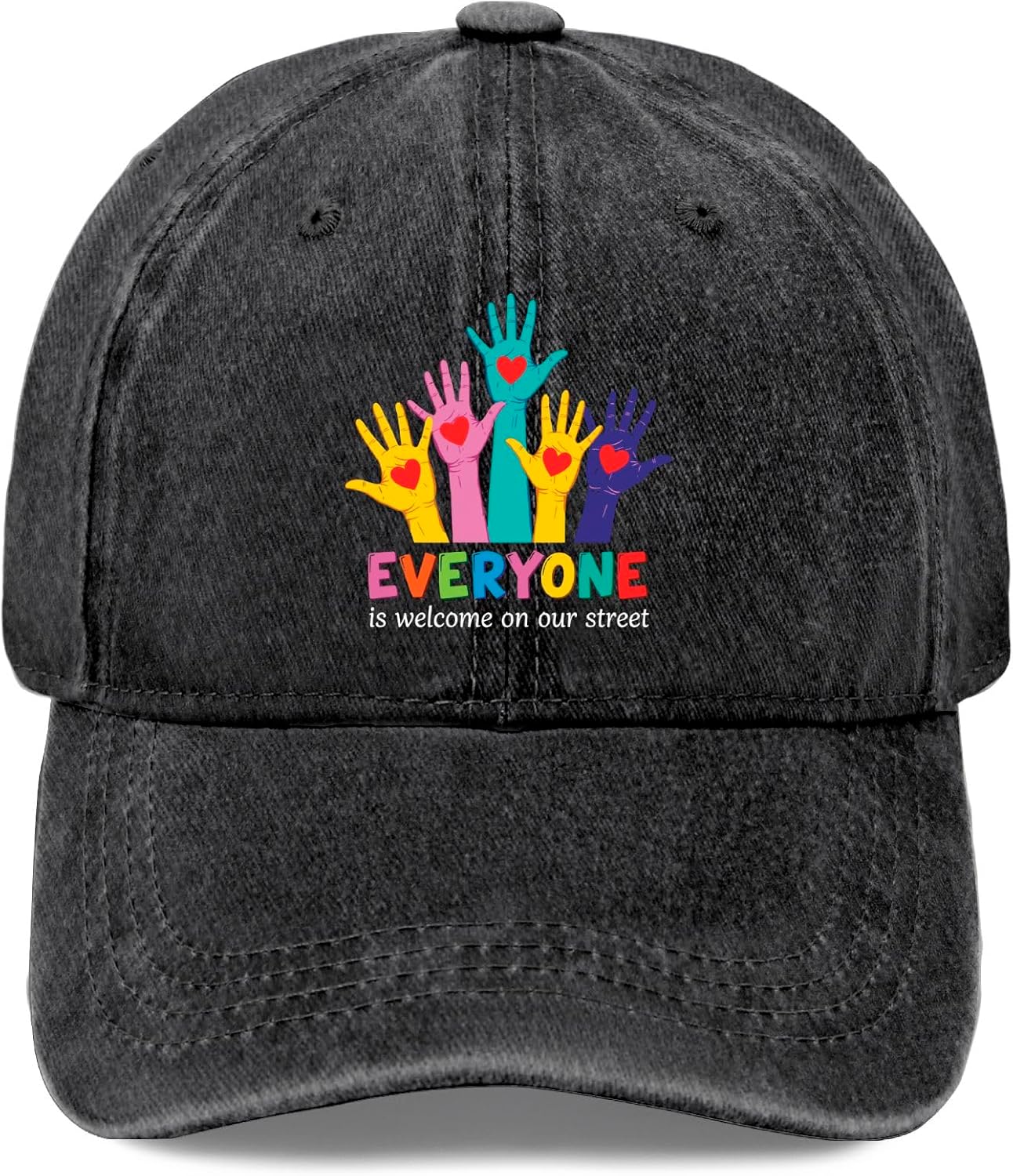 

Everyone Is Welcome Rainbow Hands Baseball Cap Distressed Washed Adjustable Casual Polyester Hat for Adults One Size