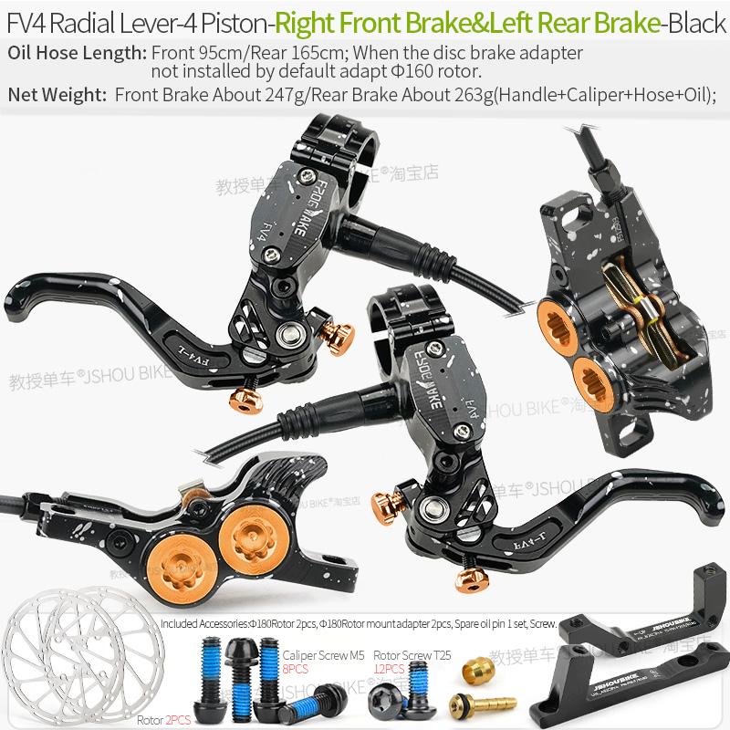 

Frog Wake FV4 Mountain Bike Hydraulic Disc Brake Kit with 180mm Rotors Aluminum 4 Piston Oil Pressure Calipers Levers Radial MTB FV4 RF-LR Black