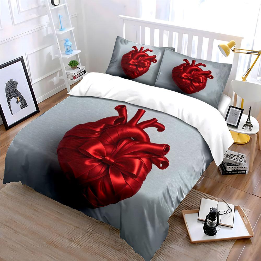 Creative red ribbon-wrapped heart design Print Soft Comfortable Duvet Cover Bedding Set Included 1*Duvet Cover 2*Pillowcases
