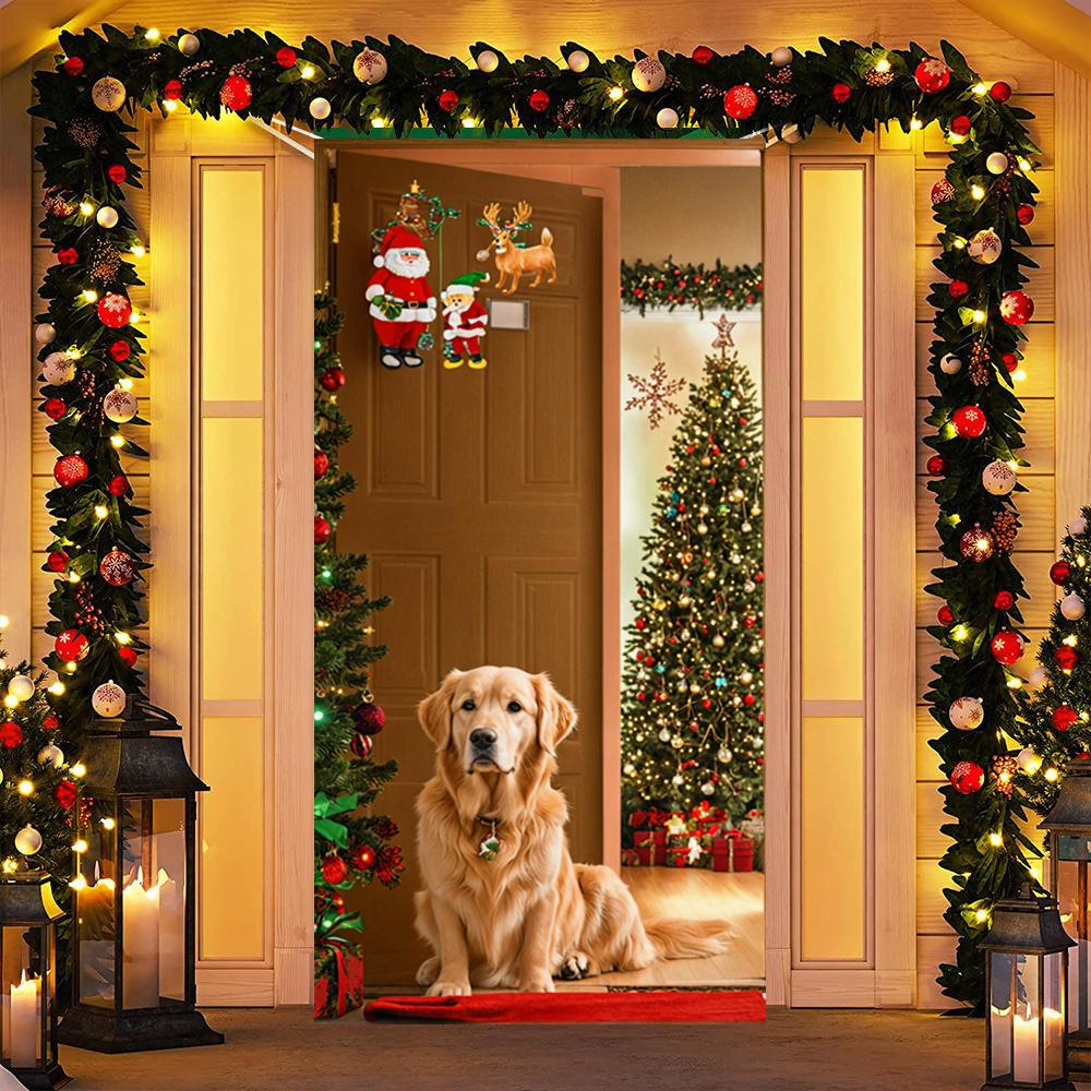 Sitting Santa Claus Linings for Christmas Doors Christmas Decorations 2025 Santa with Puppy Door Cover Indoor And Outdoor Decors