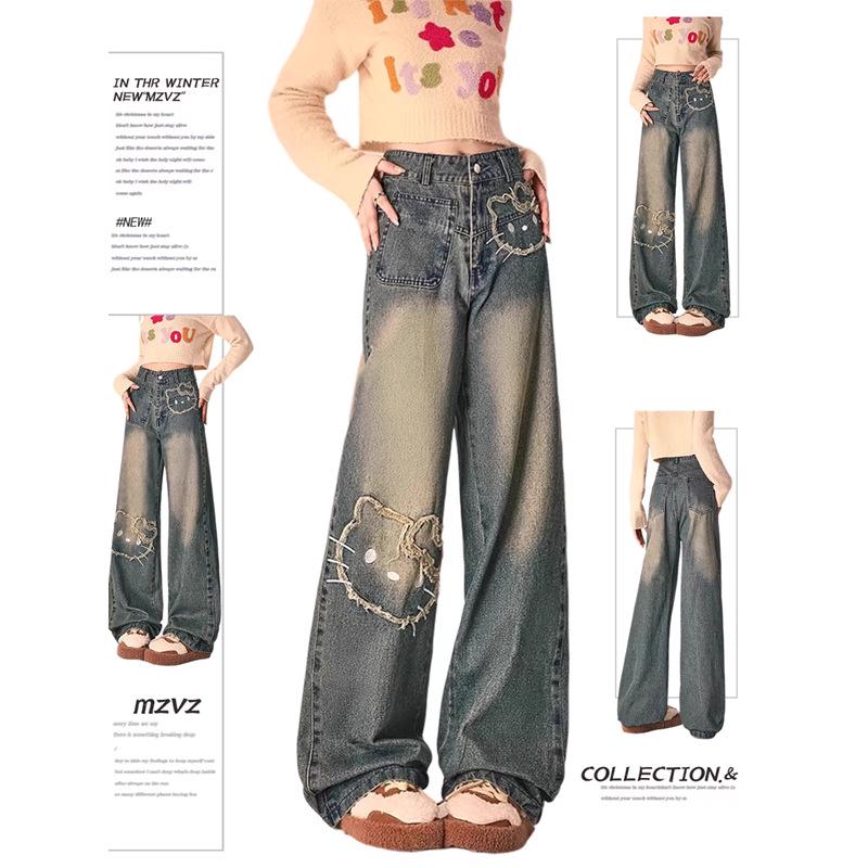 

Women’s Retro Cat Embroidered High-Waist Wide-Leg Jeans - 2024 Spring/Autumn Collection S