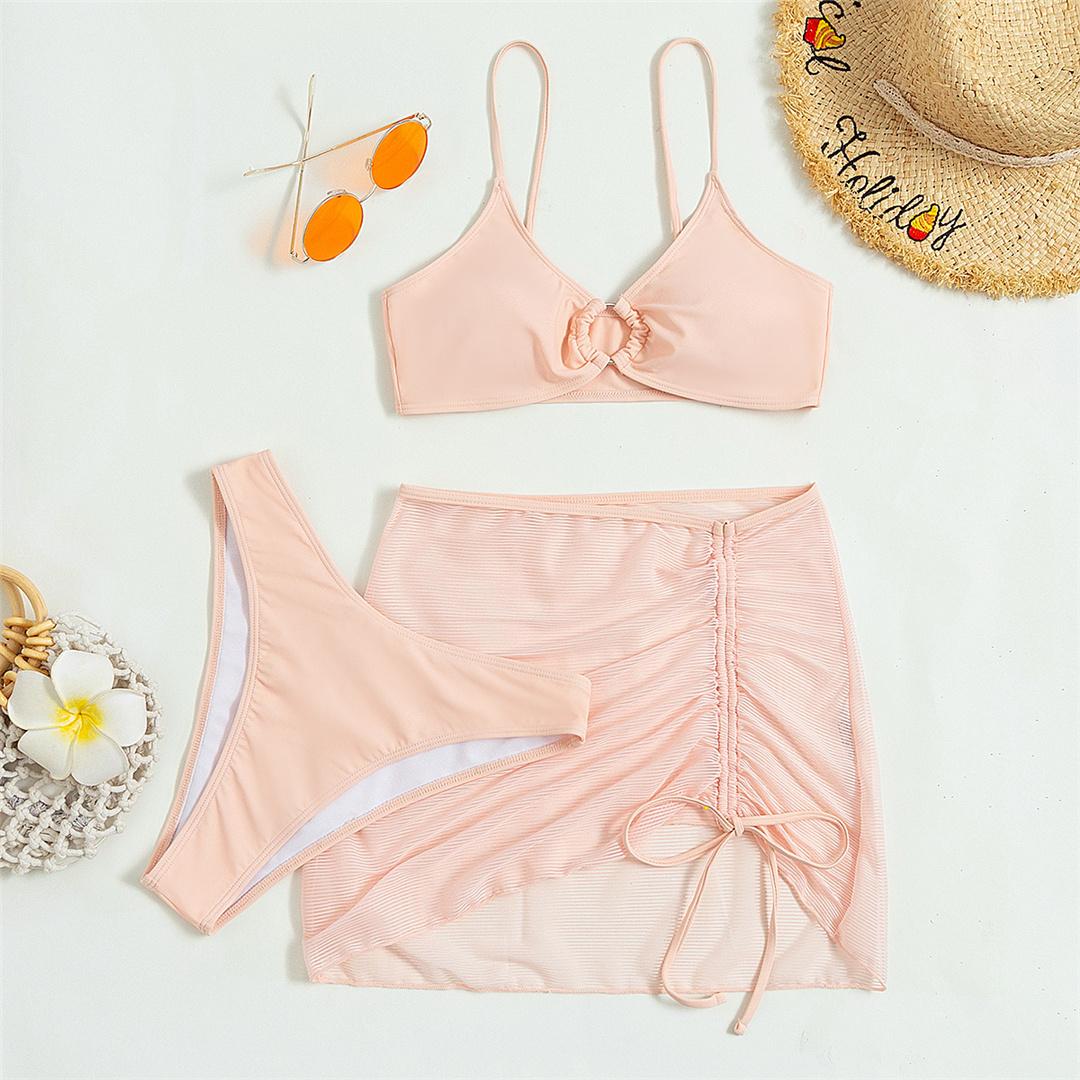 

3 шт., новинка, бразильское бикини с юбкой, женские купальники, женский купальник, комплект бикини из трех предметов, купальный костюм, купальный костюм для леди L розовый