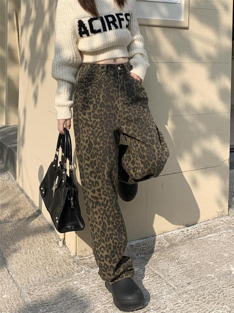 Women's High-Waist Leopard Print Wide-Leg Jeans - Slimming, Loose-Fit, Spring/Autumn Trend