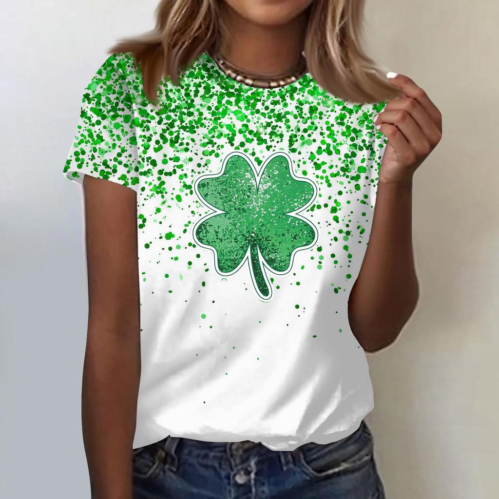 Women's  Casual Short Sleeve Shirts Fashion St Patrick's Print Tunic Tops With Pockets