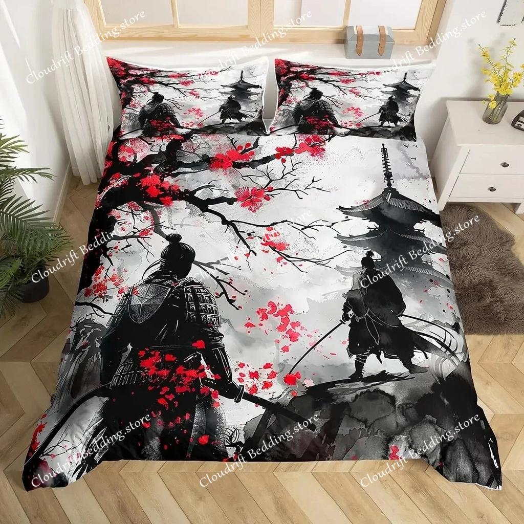 Fashion Japanese Samurai Bedding Set Full Size Cherry Blossoms Duvet Cover Red Sun Hokusai Comforter Fuji Mountain Quilt Cover