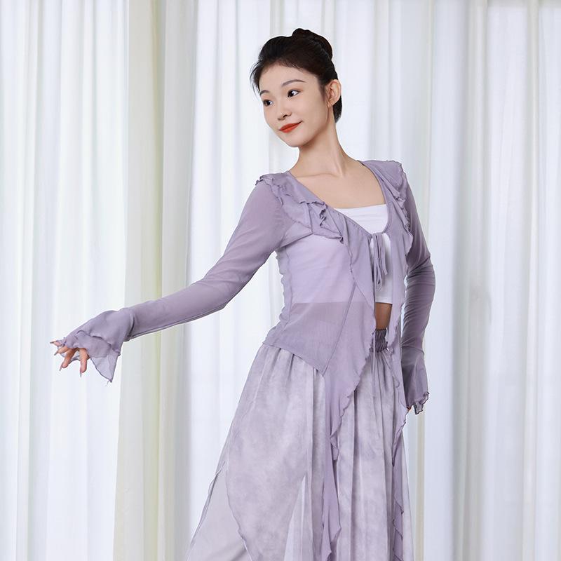 

Взрослый женский костюм для классического танца с летящей марлей, воротником в виде лепестка лотоса и рукавами-колокольчиками - одежда для практики в китайском стиле XL